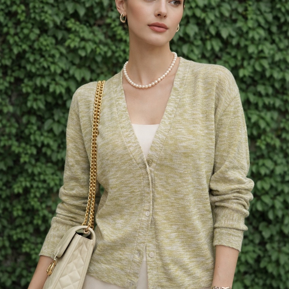 THEORY Quiet Luxury Minimalist Green Marled Linen Cardigan, S